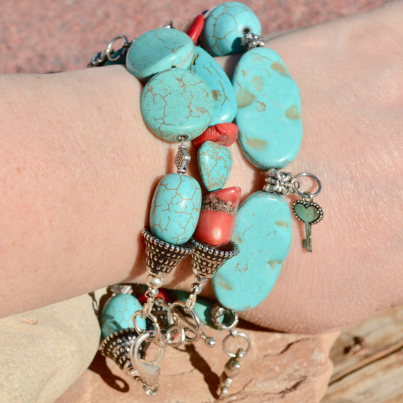 Conceptual Subculture Jewelry - 3 Turquoise Red Coral Bracelet Bundle XL Bracelets